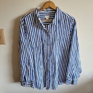 Chico's Linen Long Sleeve Button Down eyelets Blue White Stripe size 3 / XL/16